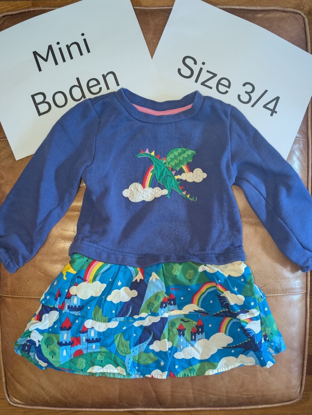 Mini Boden 3/4T Dragon Applique Sweatshirt Dress With Rainbows
